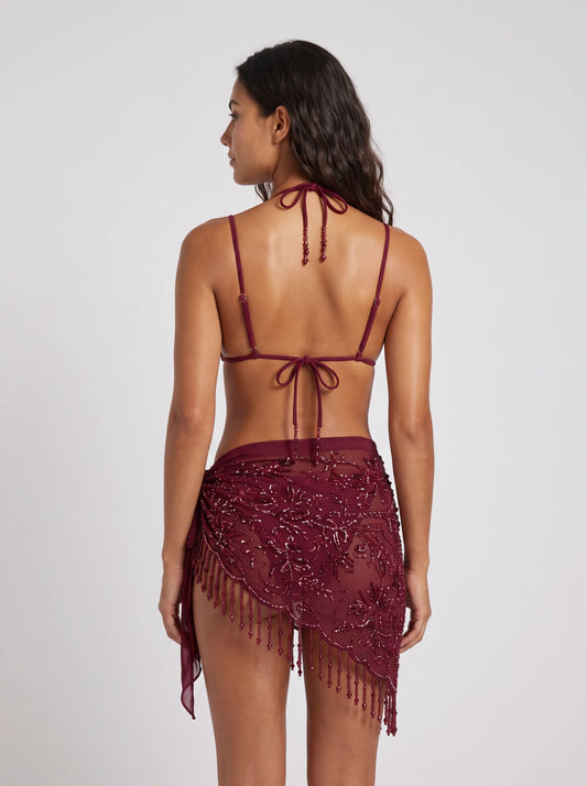 Ensemble Perlé Bordeaux, porté vue dos en studio, maillot de bain Palm Club
