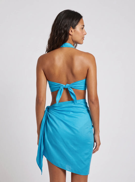 Paréo La Rotonde, porté vue dos en studio, maillot de bain Palm Club