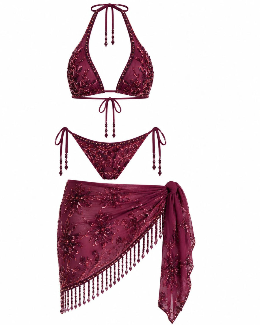 Ensemble Perlé Bordeaux porté avec le paréo à franges, Palm Club