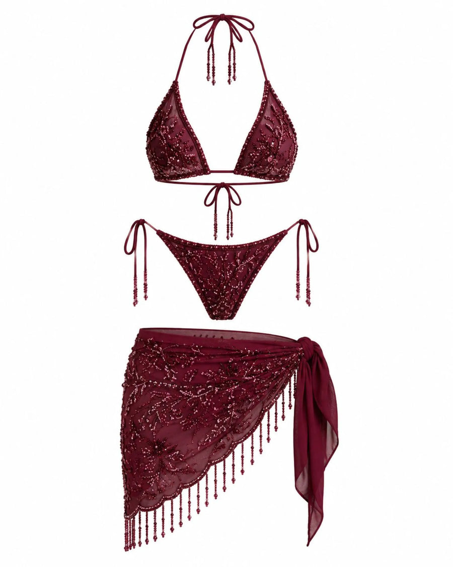 Ensemble Perlé Bordeaux, trois pièces perlées, Palm Club