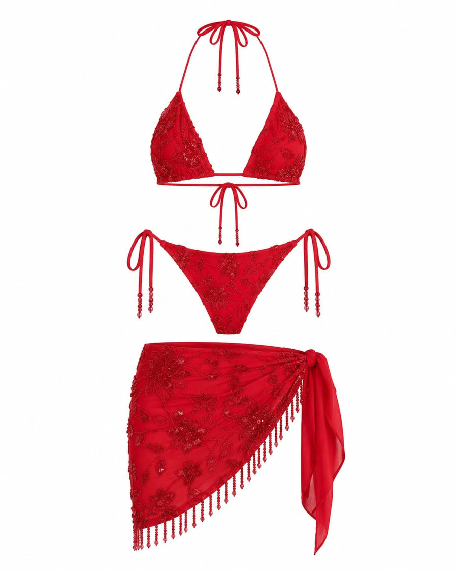 Ensemble Perlé Grenadine, trois pièces perlées rouge, Palm Club