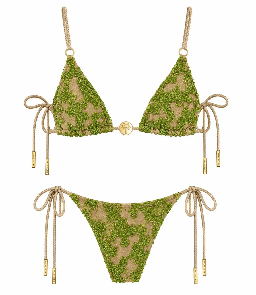Bikini Brodé Palmeraie, broderie verte sur tulle doré, Palm Club