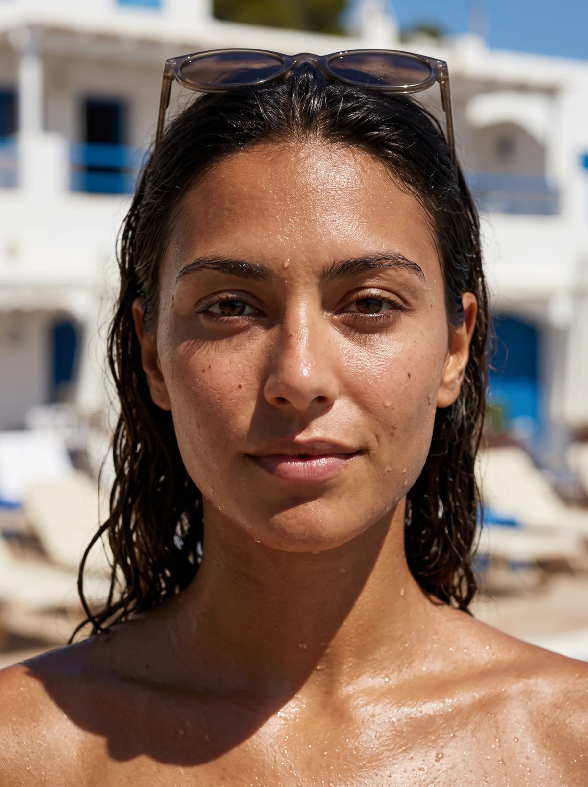 Portrait de l'egerie Palm Club, lunettes dans les cheveux