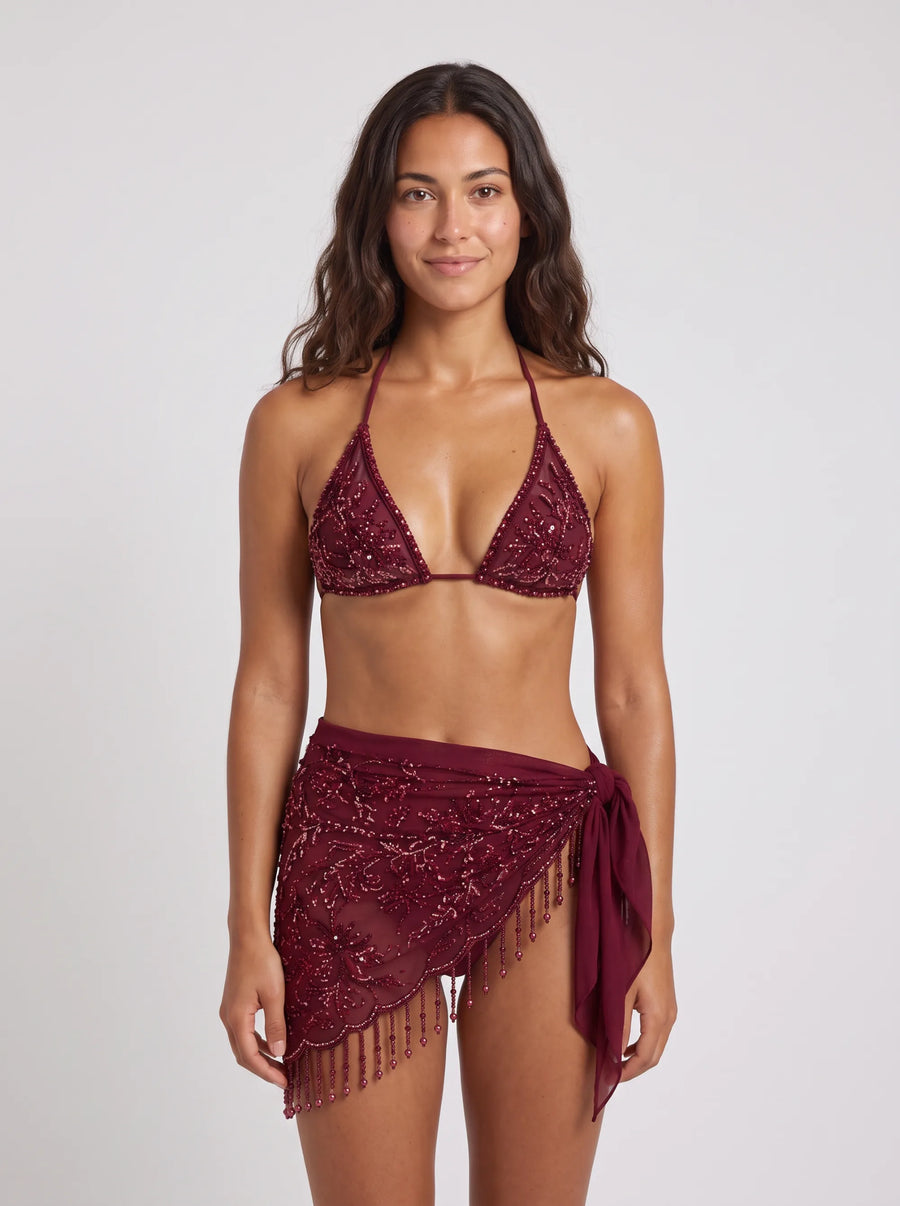 Ensemble Perlé Bordeaux, porté vue face en studio, maillot de bain Palm Club