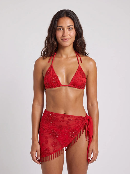 Ensemble Perlé Grenadine, porté vue face en studio, maillot de bain Palm Club